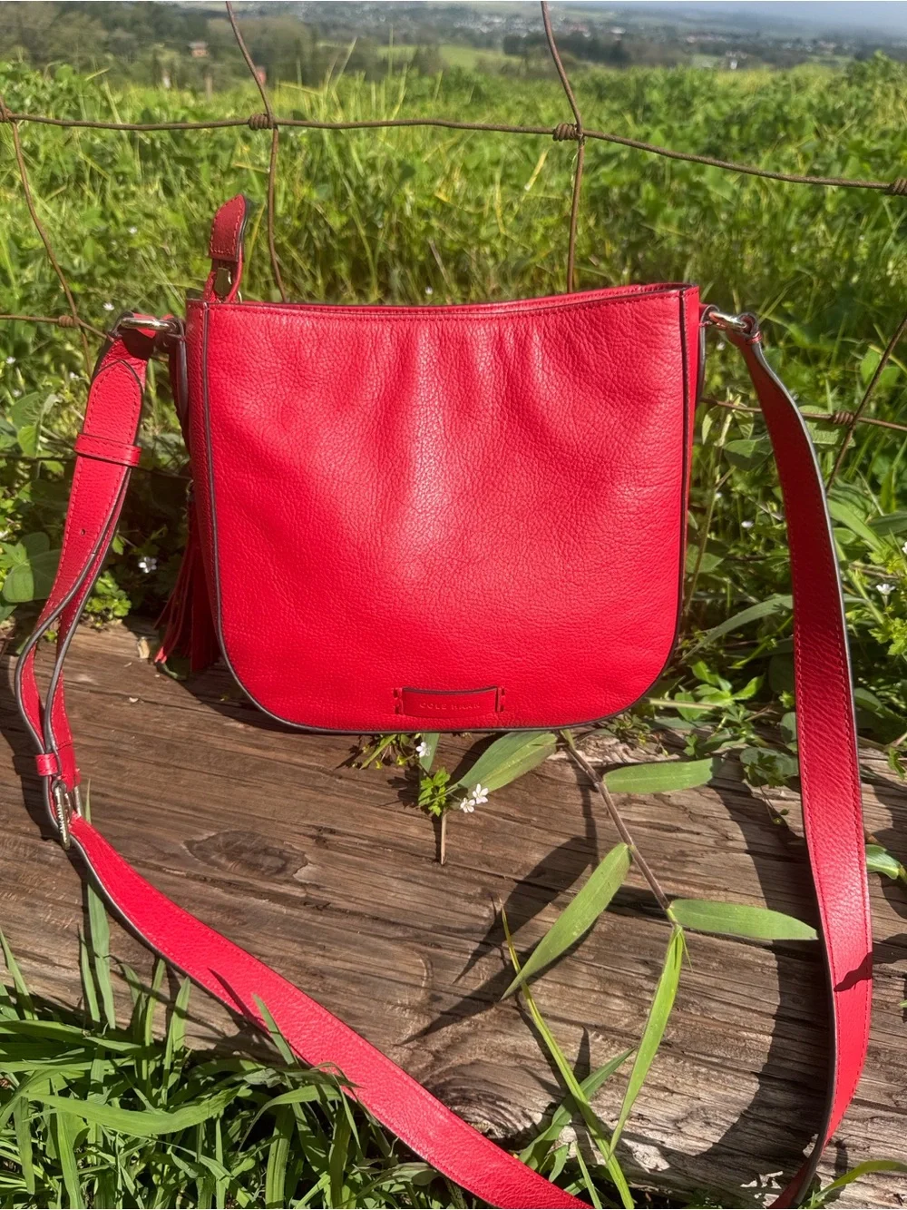 Cole Haan Tomato Red Pebbled Leather Tasseled  Crossbody Bag